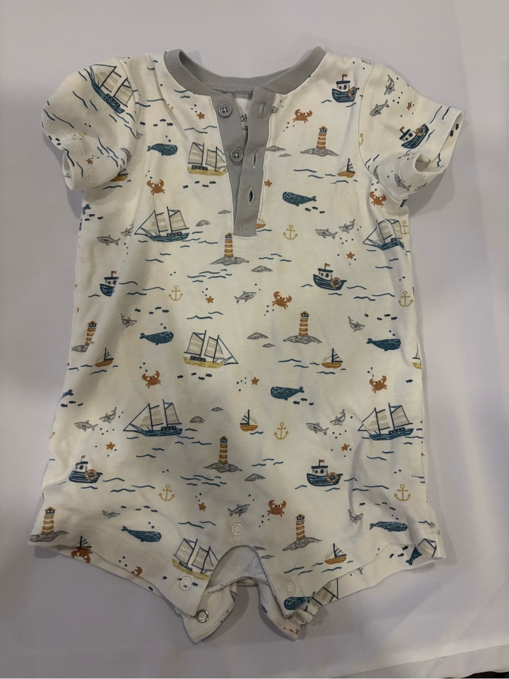 Little Me Cream Romper with Light Blue and Gray Nautical Prints